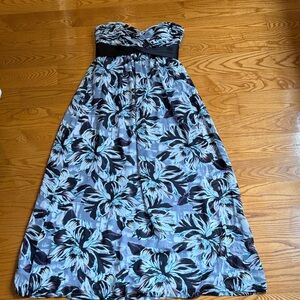 BCBG Strapless Dress with Black and Blue Floral Design